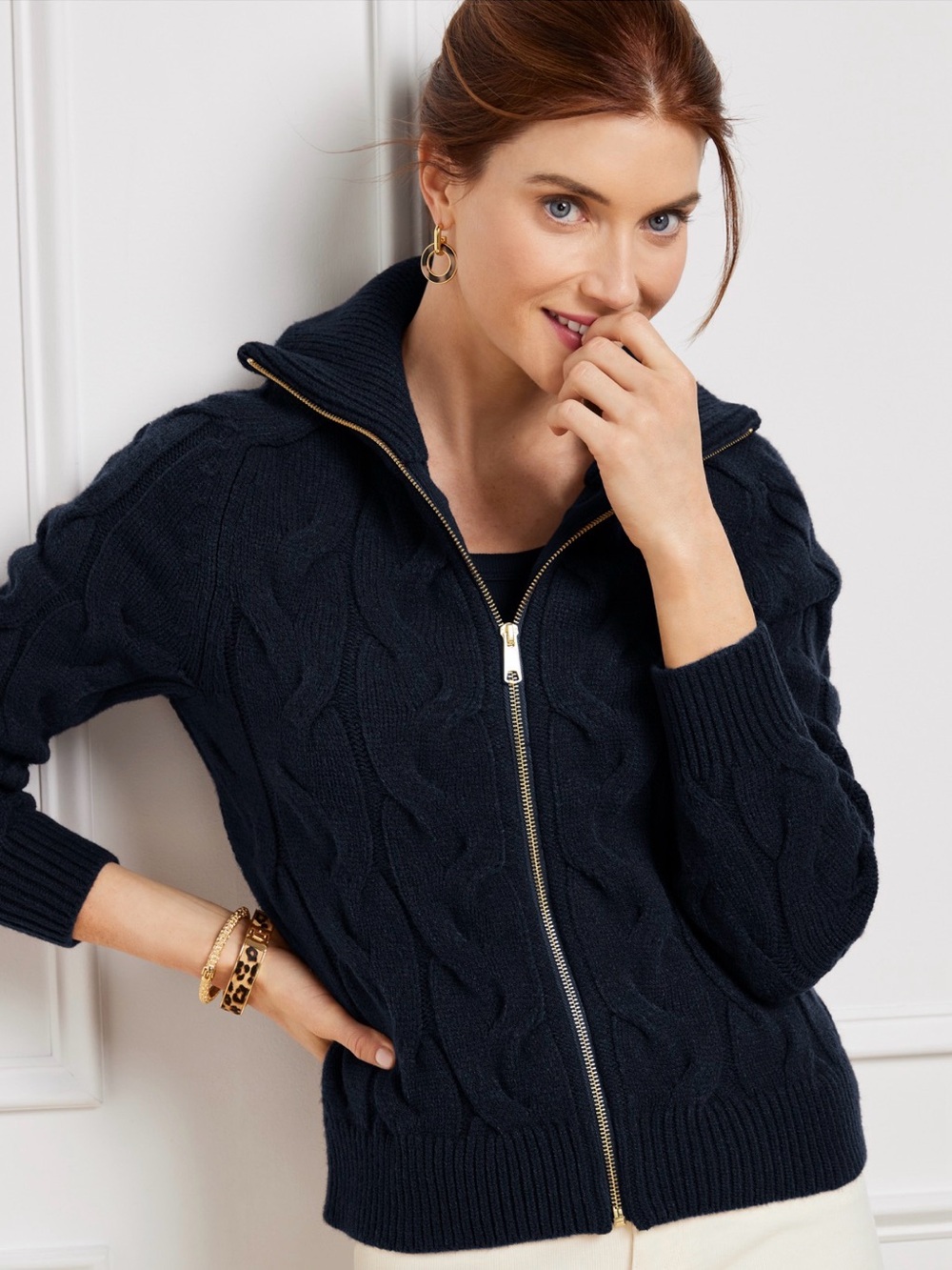 Talbots 100% Pima Cotton Black Cable Knit 2-Way Double Zip Sweater